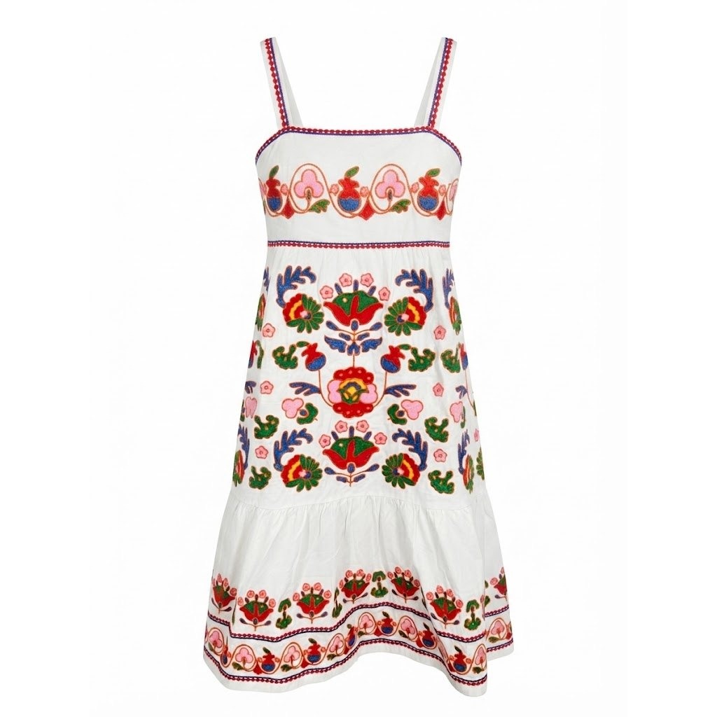New J.Marie Landon Tween Dress White Multi Floral Embroidered Cotton Size 14